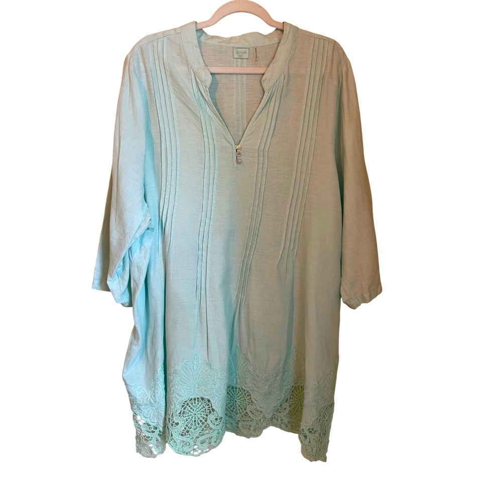 Symple NYC Size 2X Linen Tunic Top Mint Green Pintuck Pleats Crochet Lace Hem